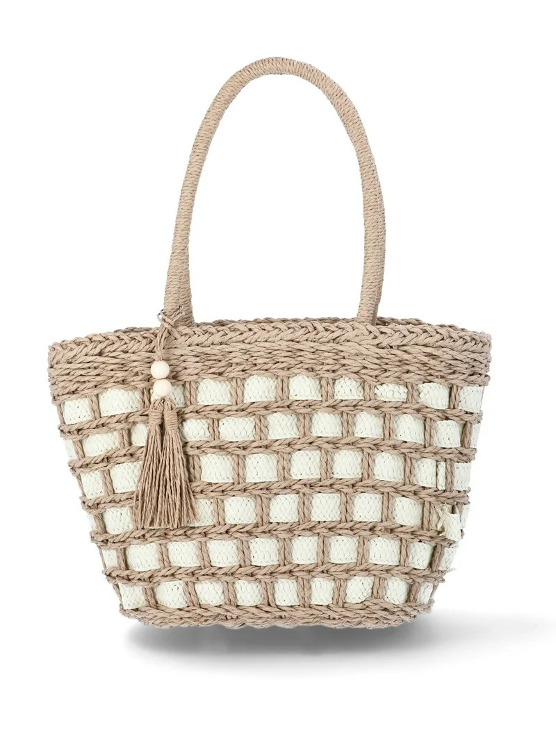 No Boundaries Festival Straw Top Handle Bag, Natural/Natural, Women’s | Walmart (US)