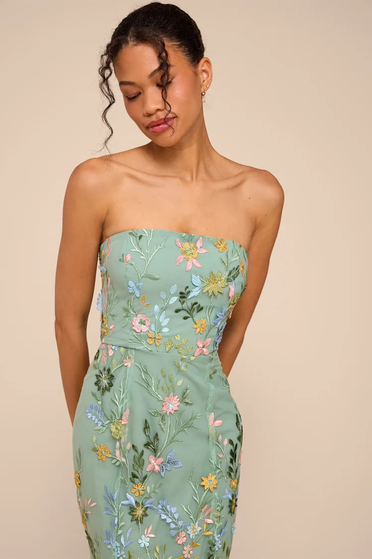 Stefanie Dark Sage Floral Embroidered Mermaid Maxi Dress | Lulus