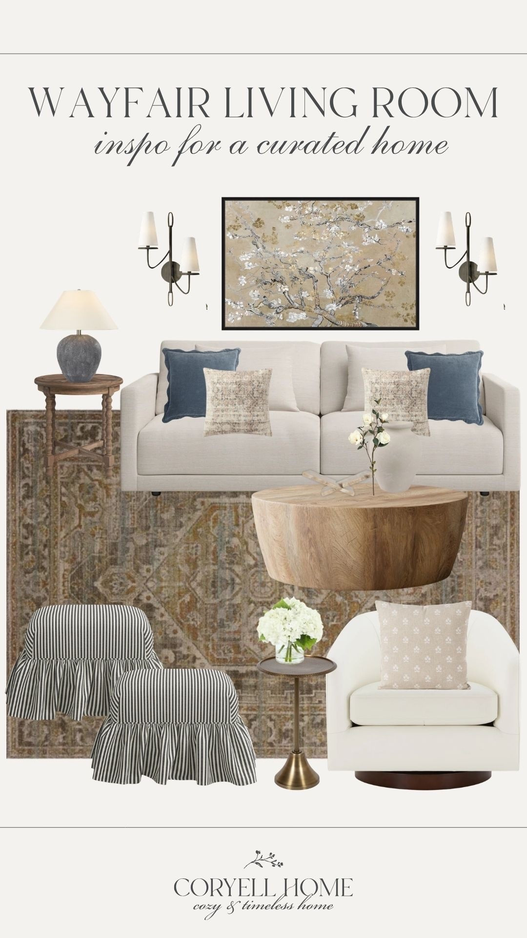 A timeless living room with some of my favorite Wayfair pieces brought together. Adding small pieces with stripes and varying finishes like brass can make a room feel more collected and appealing! This living room is ready for warm days! 🤍

#LTKHome #LTKSeasonal #LTKSaleAlert