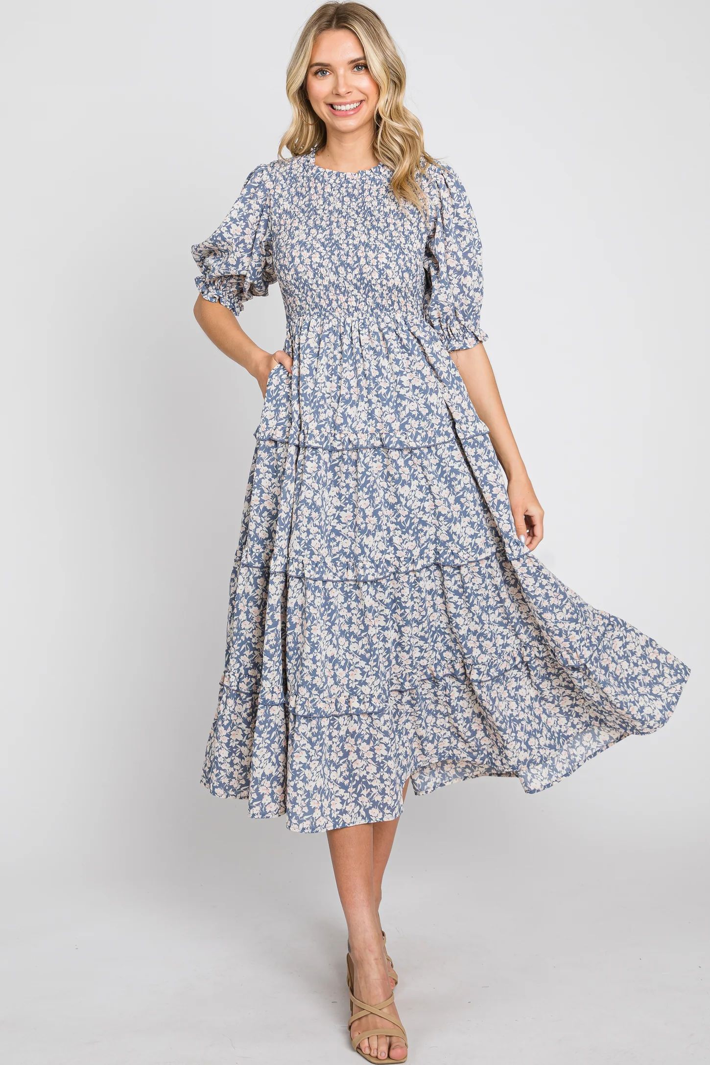Blue Floral Smocked Tiered Midi Dress | PinkBlush Maternity