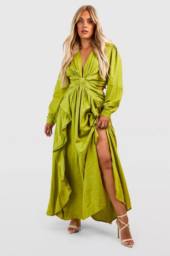 Plus Linen Cut Out Ruffle Maxi Dress | Boohoo.com (US & CA)