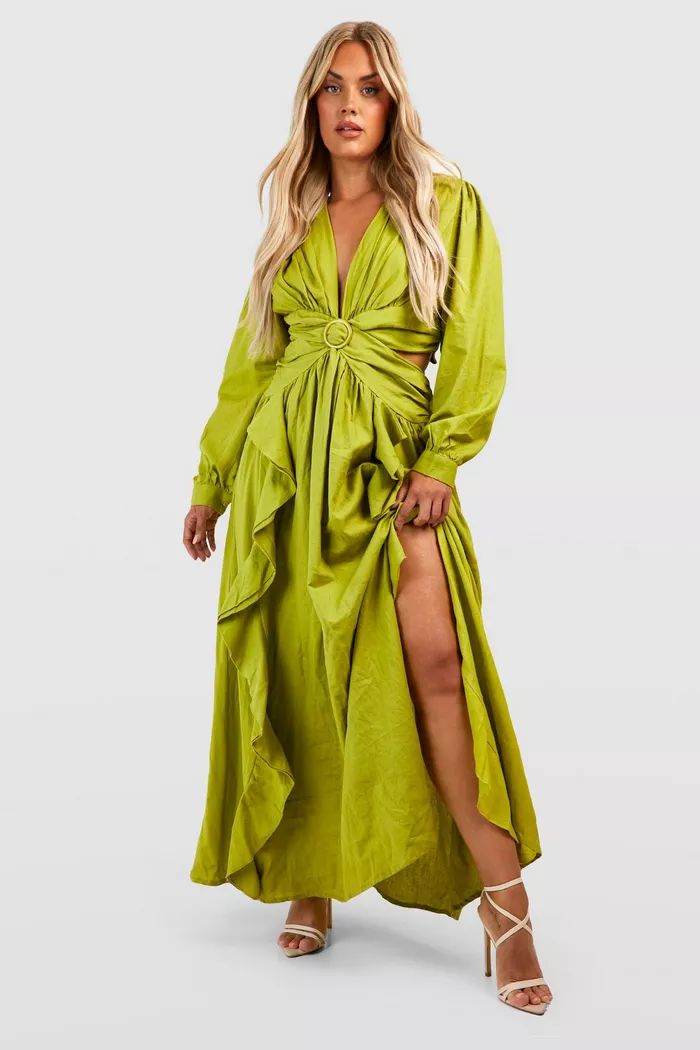 Plus Linen Cut Out Ruffle Maxi Dress | Boohoo.com (US & CA)