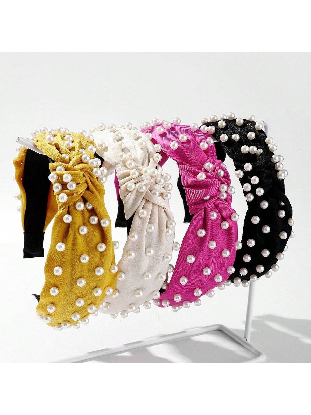 Elegant 3pcs/4pcs Cloth Fabric Solid Color Hairband With Faux Pearl Edging, Suitable For Daily Ha... | SHEIN