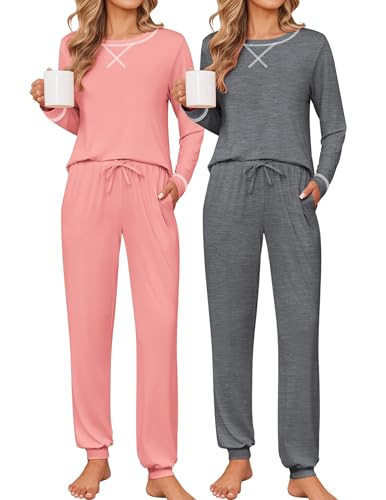 Ekouaer 2 Pack Pajama Sets for Womens Jogger Pants Pjs Long Sleeves Lounge Set Soft Sleepwear with Pockets Light Pink/Grey Medium | Amazon (US)