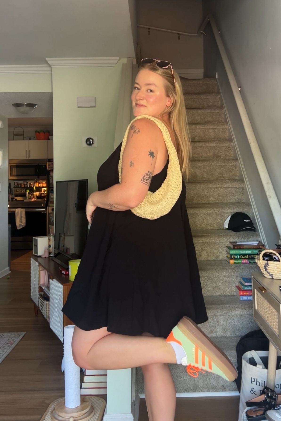 summer outfit, black sundress, adidas gazelle bold, adidas sneakers, straw purse, casual outfits, midsize style, affordable finds 

#LTKFindsUnder100 #LTKMidsize #LTKShoeCrush