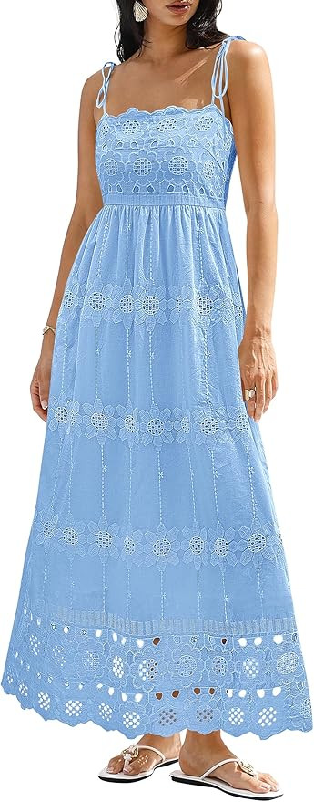 dowerme Womens Summer Maxi Dresses 2026 Casual Spaghetti Strap Smocked Eyelet Cotton Dress Long B... | Amazon (US)