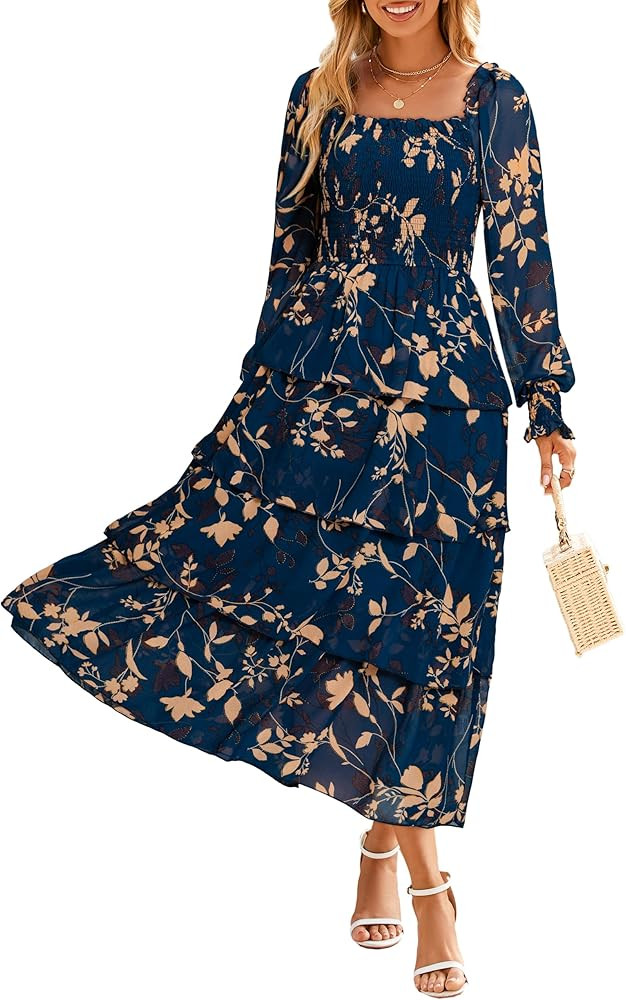 Simplee Womens Long Sleeve Floral Wedding Guest Dress Flowy Tiered Smocked Square Neck Fall Boho ... | Amazon (US)