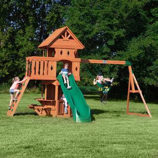 Woodland Outdoor Playground Set PlaySet w/Fort, Sun Porch, Counter and Benches, Rockwall, Wave Slide, and Belt Swing Set | The Home Depot