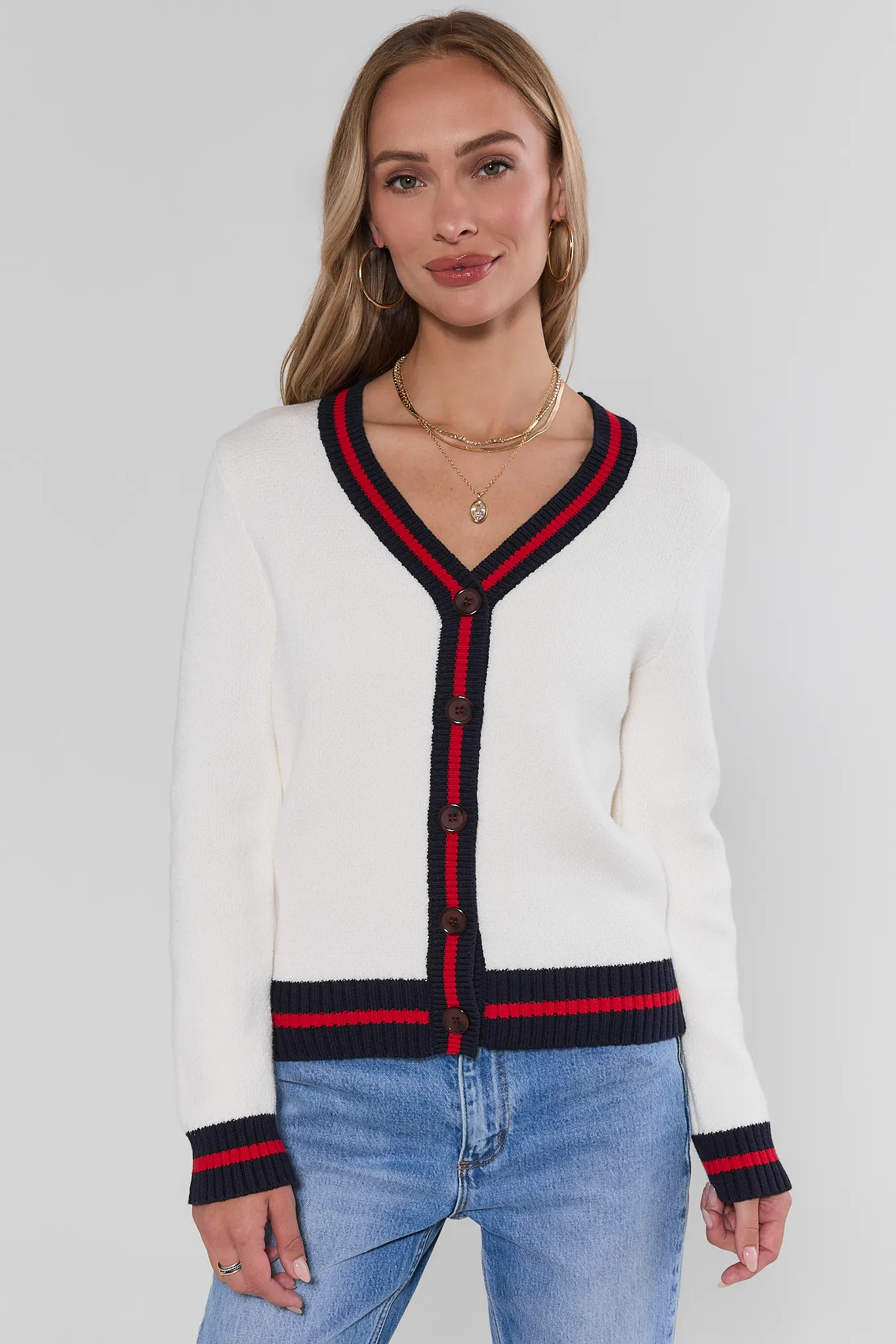 White Striped Trim Cardigan | Avara
