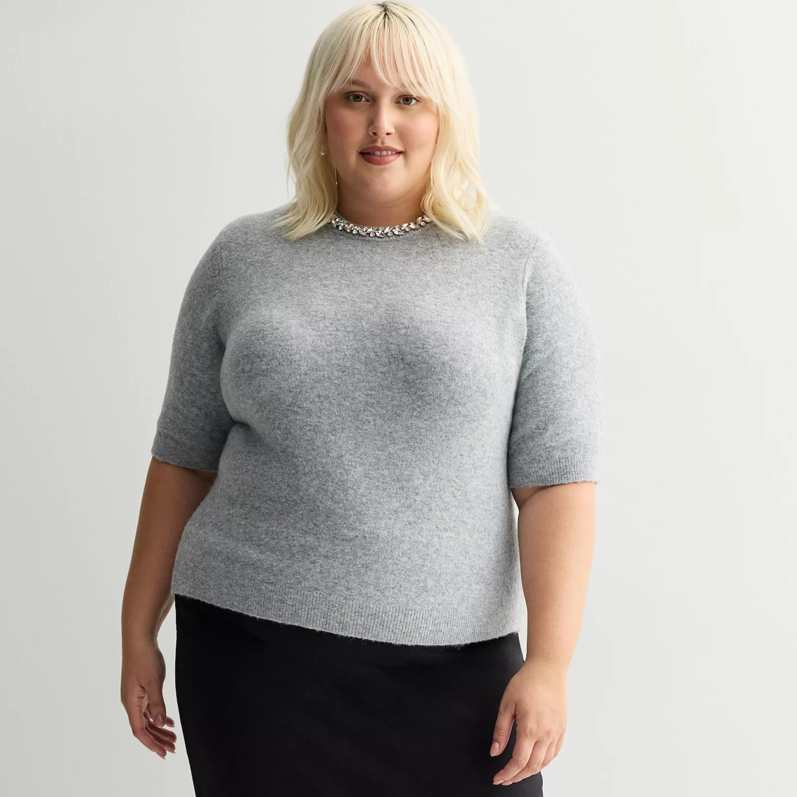 Plus Size Nine West Jewel Neck Short Sleeve Sweater, Women's, Size: 3XL, Dark Metal Grey | Kohl's