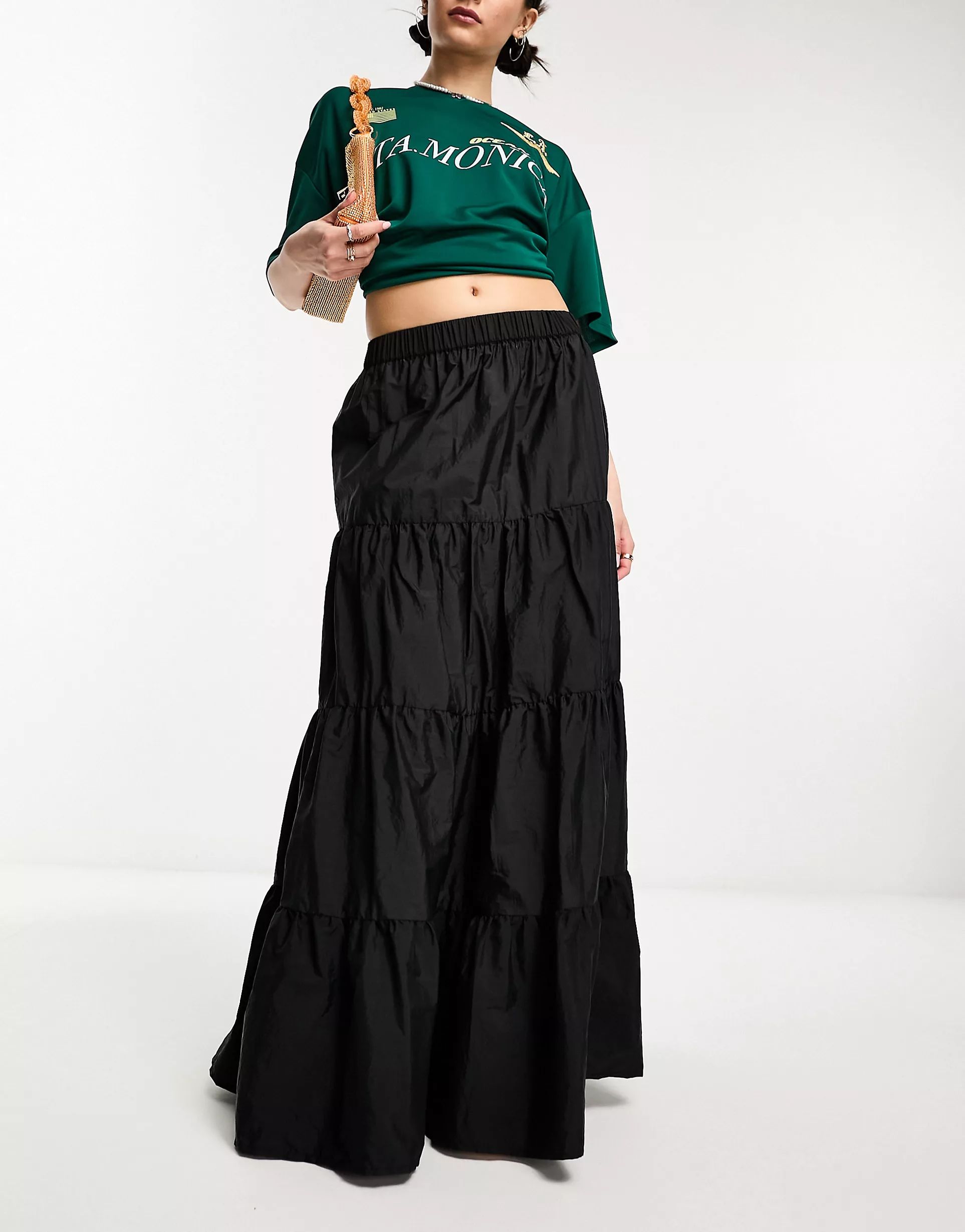 COLLUSION tiered taffeta maxi skirt in black | ASOS (Global)