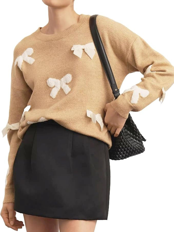 Womens Bow Sweater Cute Long Sleeve Crew Neck Drop Shoulder Trendy Fall Knitted Pullover Tops | Amazon (US)