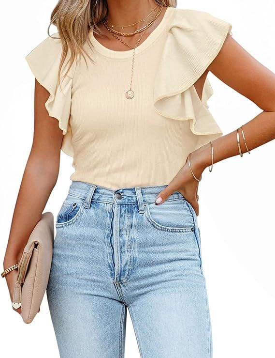 PINKMSTYLE Womens Cute Short Sleeve T Shirts Crew Neck Summer Tops Ribbed Ruffle Sleeve Blouses | Amazon (US)