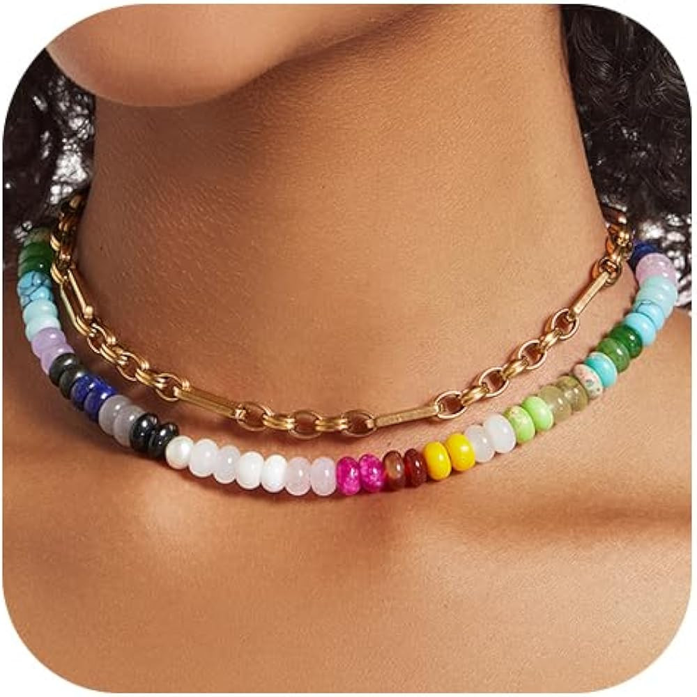 Beaded Necklaces for Women Colorful Gemstone Boho Choker Natural Stone 14K Gold Plated Rainbow Be... | Amazon (US)