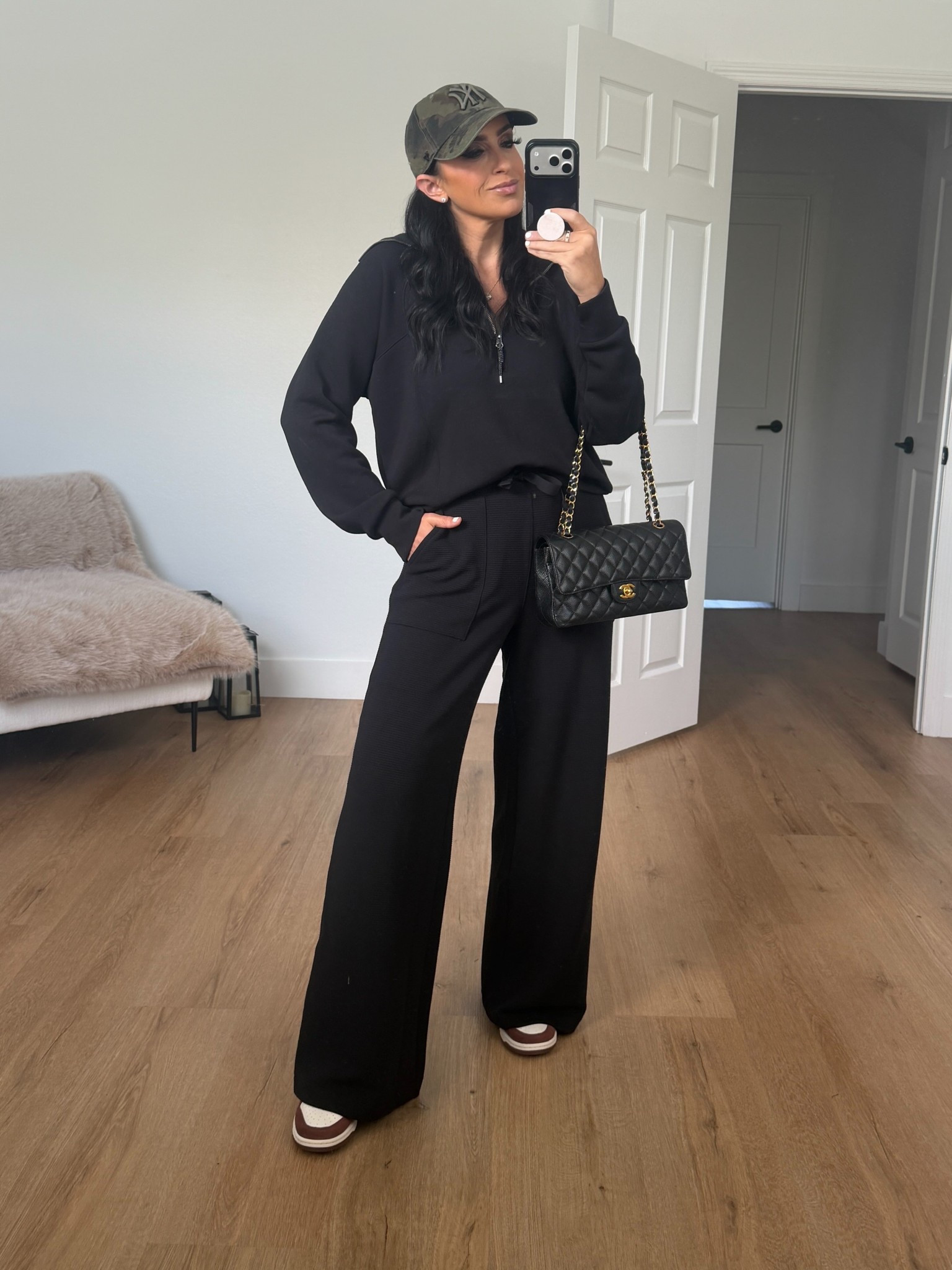 Spanx Air Essentials Half Zip - I’m wearing a size medium.
Spanx Air Essentials French Rib wide leg pants - I’m wearing a size small.