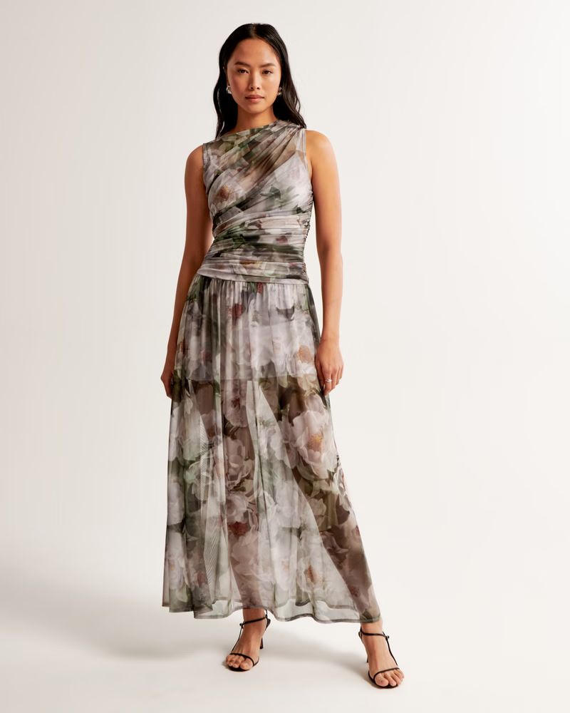 Mesh High-Neck Drop-Waist Gown | Abercrombie & Fitch (US)