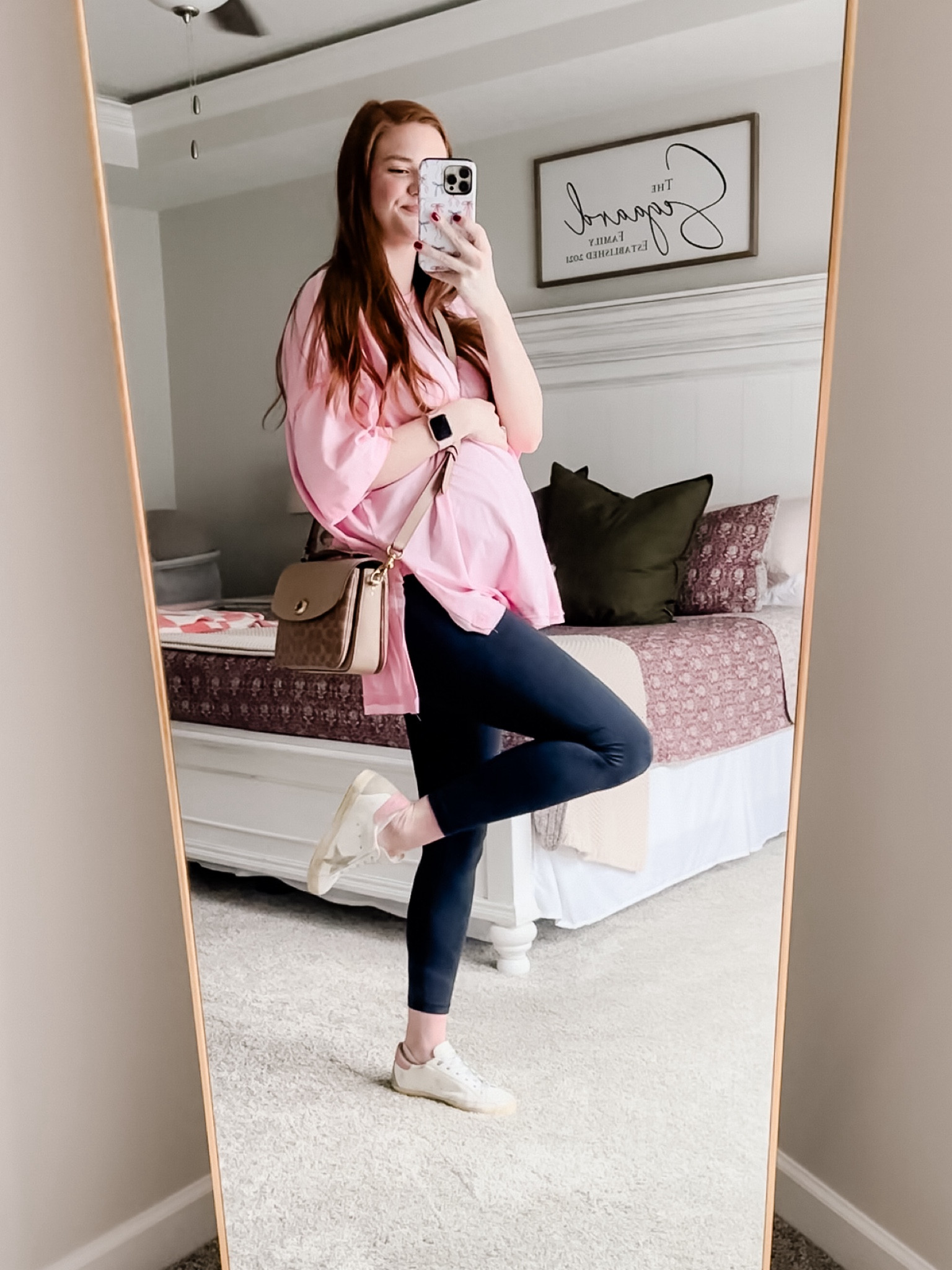 Casual Amazon maternity outfit at 34 weeks pregnant. Amazon maternity leggings. Oversized tunic style top. Golden goose outfit. Fall maternity style  

#LTKBump