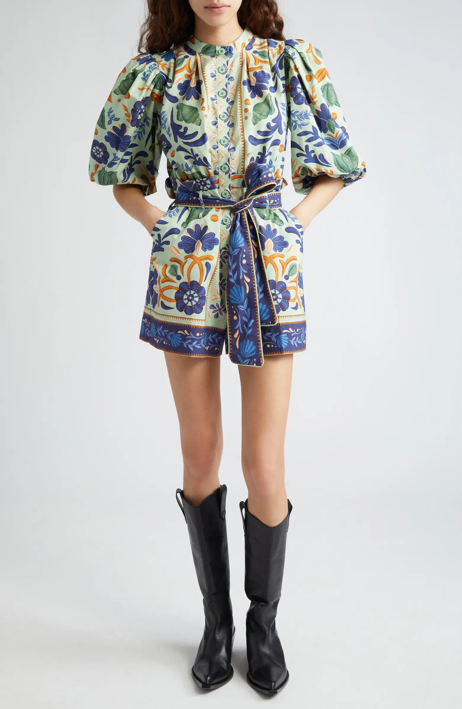 FARM Rio Ocean Tapestry Puff Sleeve Cotton Romper | Nordstrom | Nordstrom