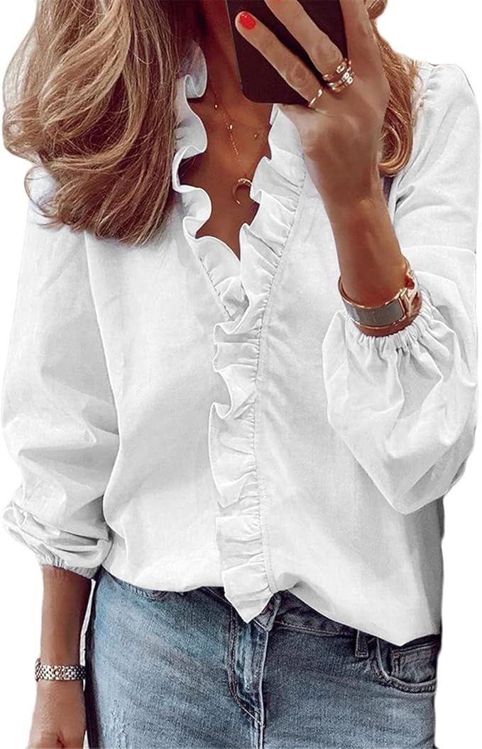 Andongnywell Casual Solid Color Ruffle Collar Long Sleeve Ruffle Shirt Blouse V Neck Short Sleeve... | Amazon (US)