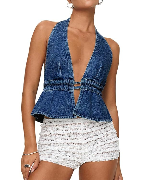Women's Y2K Backless Tie Back Halter Top Sleeveless Sexy Denim Vest Tops Strapless Jean Corset Bu... | Amazon (US)