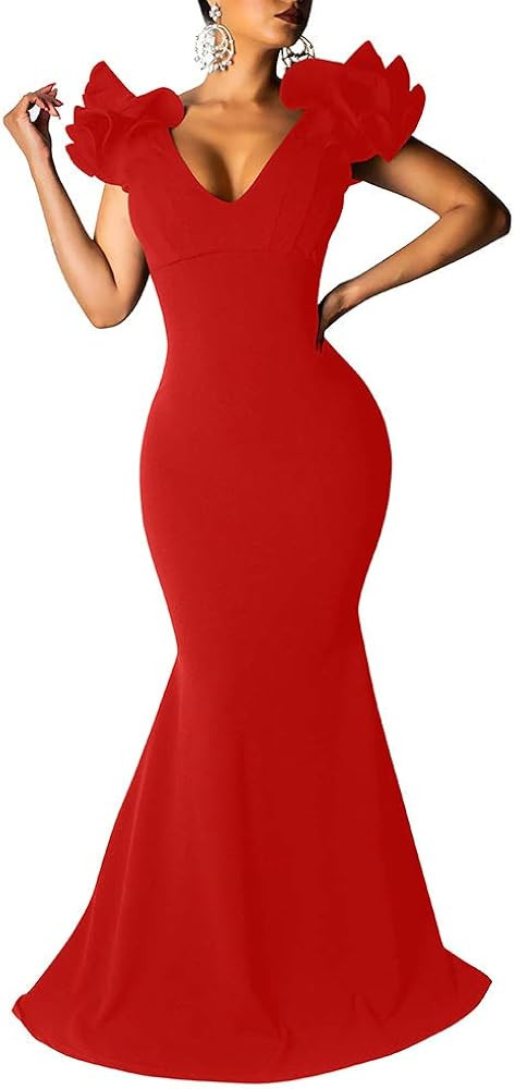 BEAGIMEG Women's Sexy Ruffle Sleeve Elegant V Neck Backless Evening Formal Maxi Dress | Amazon (US)