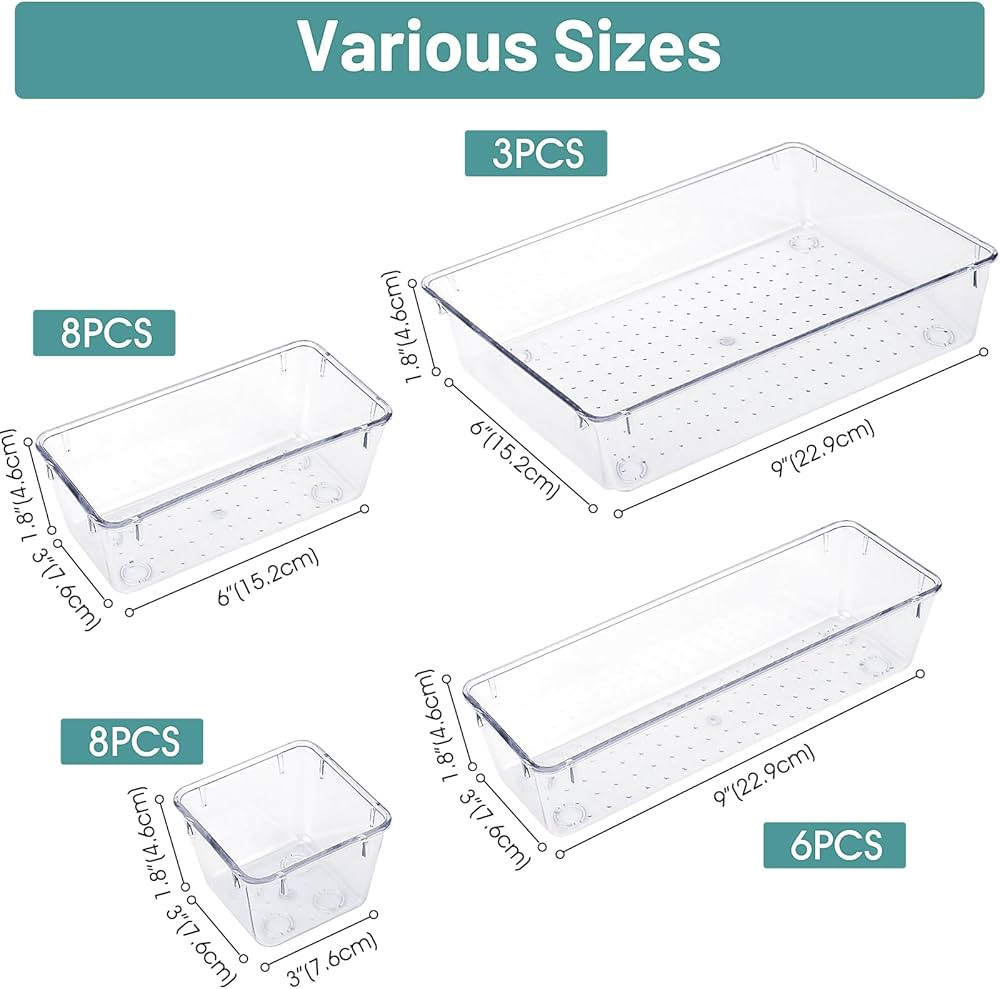 WOWBOX 25 PCS Clear Plastic Drawer Organizer Set, 4 Sizes Desk Drawer Divider Organizers and Stor... | Amazon (US)