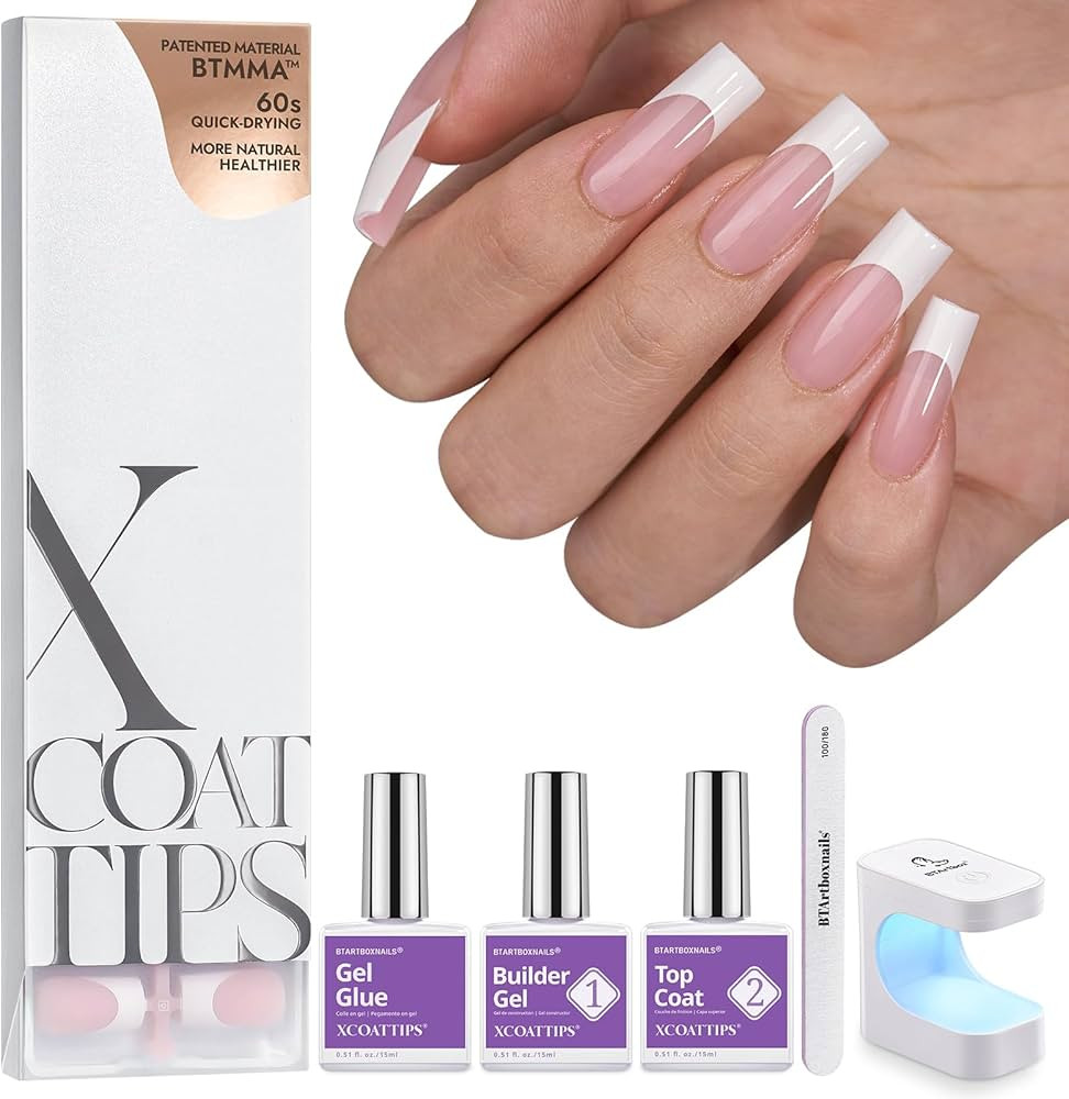 BTArtboxnails XCOATTIPS French Tip Press on Nails - Long Square Nail Tips with Nail Gel, Air-Dry ... | Amazon (US)
