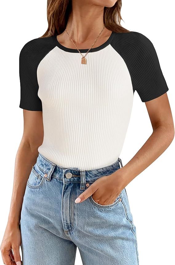 ZESICA Women's Short Sleeve Ribbed Color Block Tops Summer Crewneck Knit T Shirts | Amazon (US)