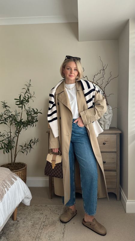 Simple and easy trench coat outfit. 
Trench coat is Burberry, linked alternatives below  