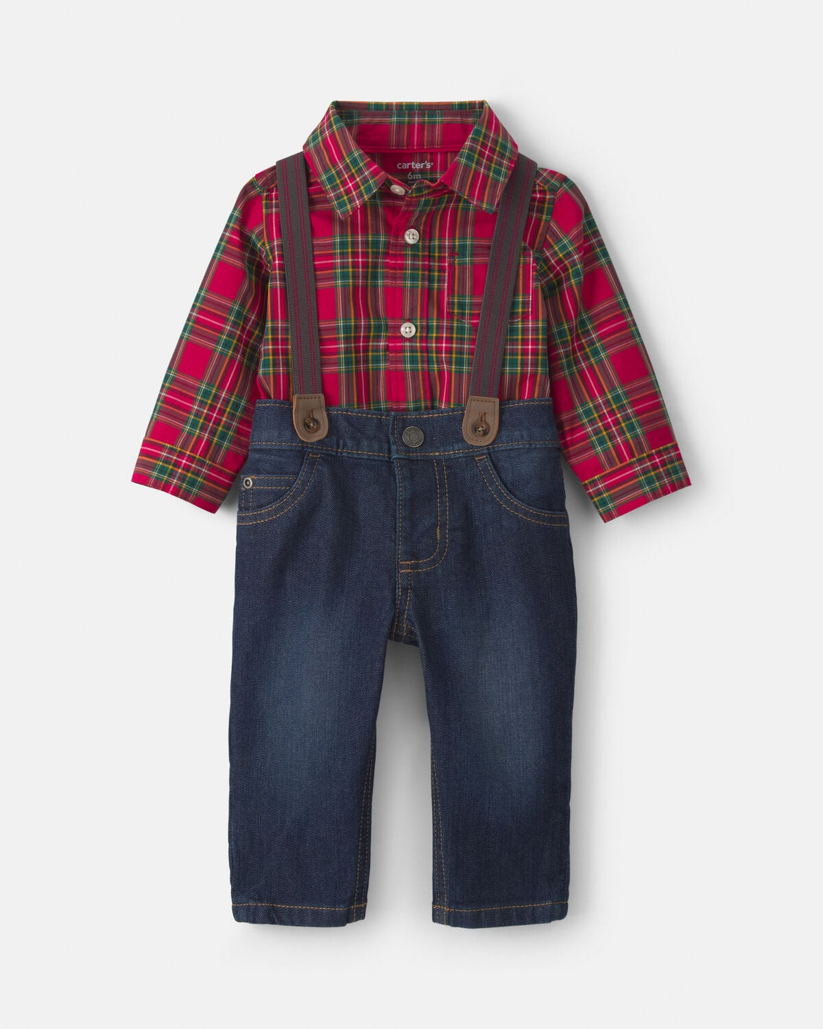 Baby Boy 2-Piece Plaid Denim Long-Sleeve Bodysuit & Suspender Pant Set - Red/Indigo | Carter's Inc