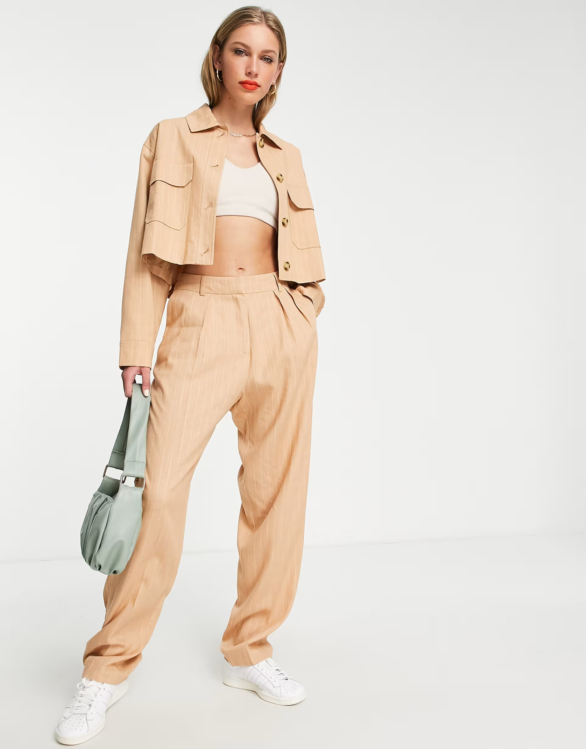 Topshop linen pinstripe peg pants in tan | ASOS (Global)