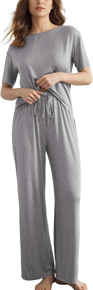 Slouchy Pajamas for Women Set Short Sleeve Tops Wide Leg Pants Comfy Two Piece Sets Loungewear Sl... | Amazon (US)