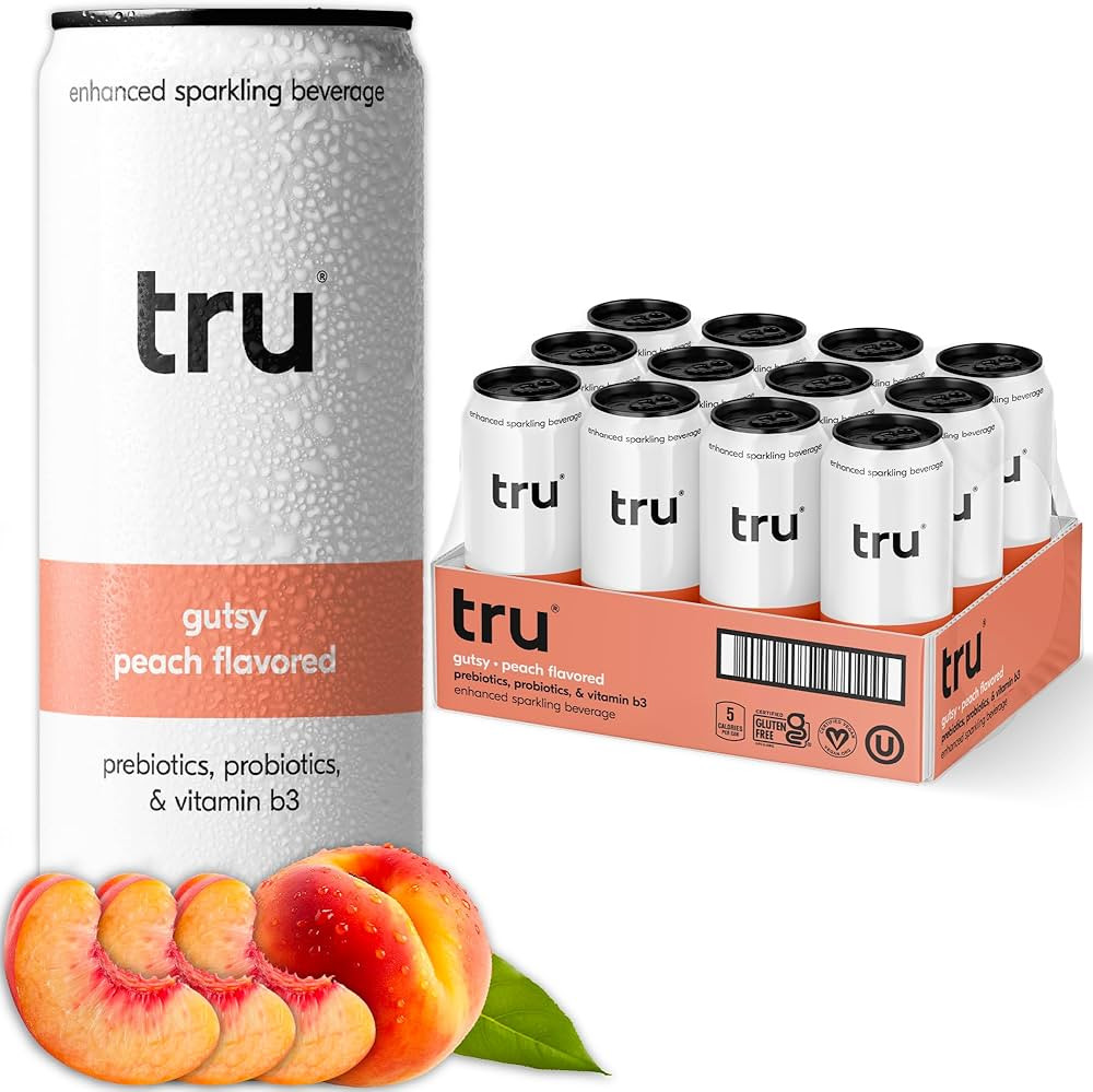 Tru Gutsy Seltzer, Probiotic Prebiotic Drinks with Vitamin B3, Peach Fruit Juice Flavored Sparkli... | Amazon (US)