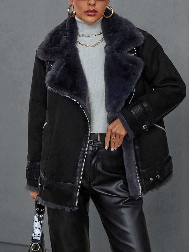 Lapel Neck Teddy Lined Moto Jacket | SHEIN