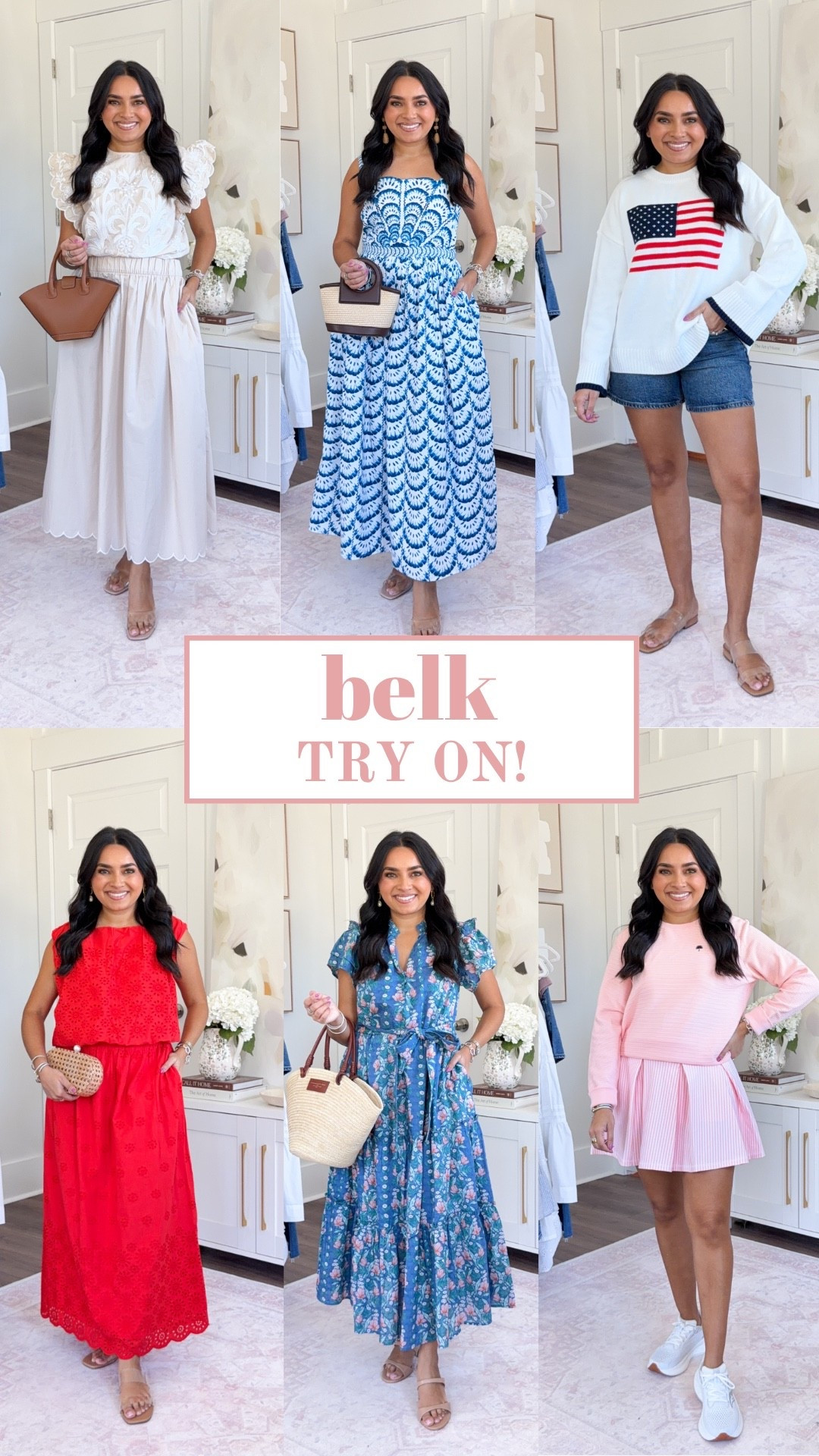 Belk Try On!
For reference: I’m 5’0, petite, 32b bra size, and 2/26 in bottoms, pear shaped. 
*Everything I share is unaltered! TTS means true to size. Between size 5-6.5 in shoes

Tan embroidered top size PS TTS
Tan scallop trim skirt size PS TTS
Clear heels size 5 TTS

Blue seashell dress size PS TTS
Clear heels size 5 TTS

Flag sweatshirt size PS TTS
Denim shorts size 26 TTS
Clear sandals size 5.5 TTS

Red orange eyelet top size PS TTS
Red orange eyelet skirt size PS TTS
Clear sandals size 5.5 TTS

Blue floral stripe maxi dress size PS TTS
Tan heels size 5 TTS

Pink pullover size xs TTS
Pink skort size small TTS
Sneakers size 6.5 TTS

#LTKootd #LTKPetite #LTKSaleAlert