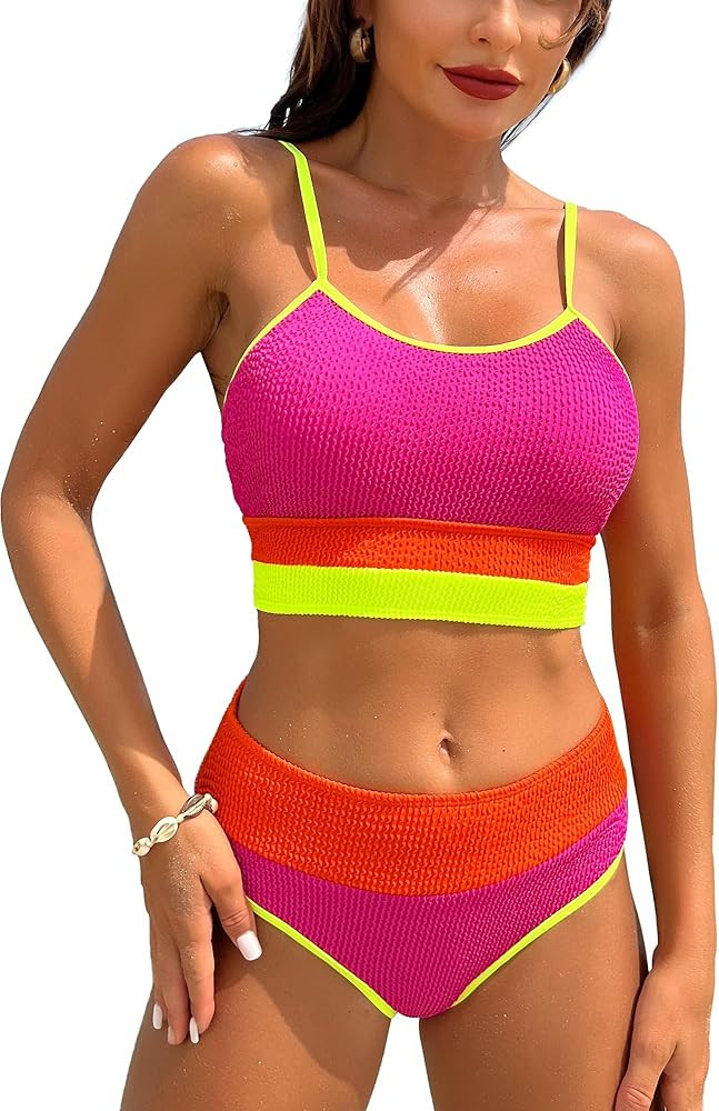 TASHEHE Women's High Waisted Bikini Set Sporty Two Piece Swimsuit Color Block Tummy Control High ... | Amazon (US)