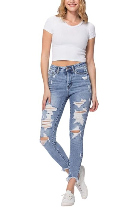 Judy Blue Hi-Rise Destroyed Shark Hem Skinny Jeans - 88390 | Amazon (US)