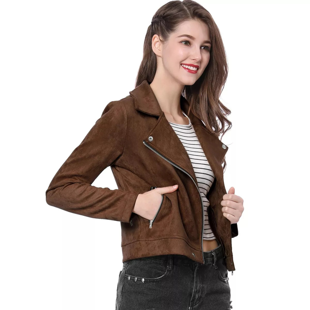Allegra K Women's Zip Up Faux Suede Biker Moto Jacket | Target