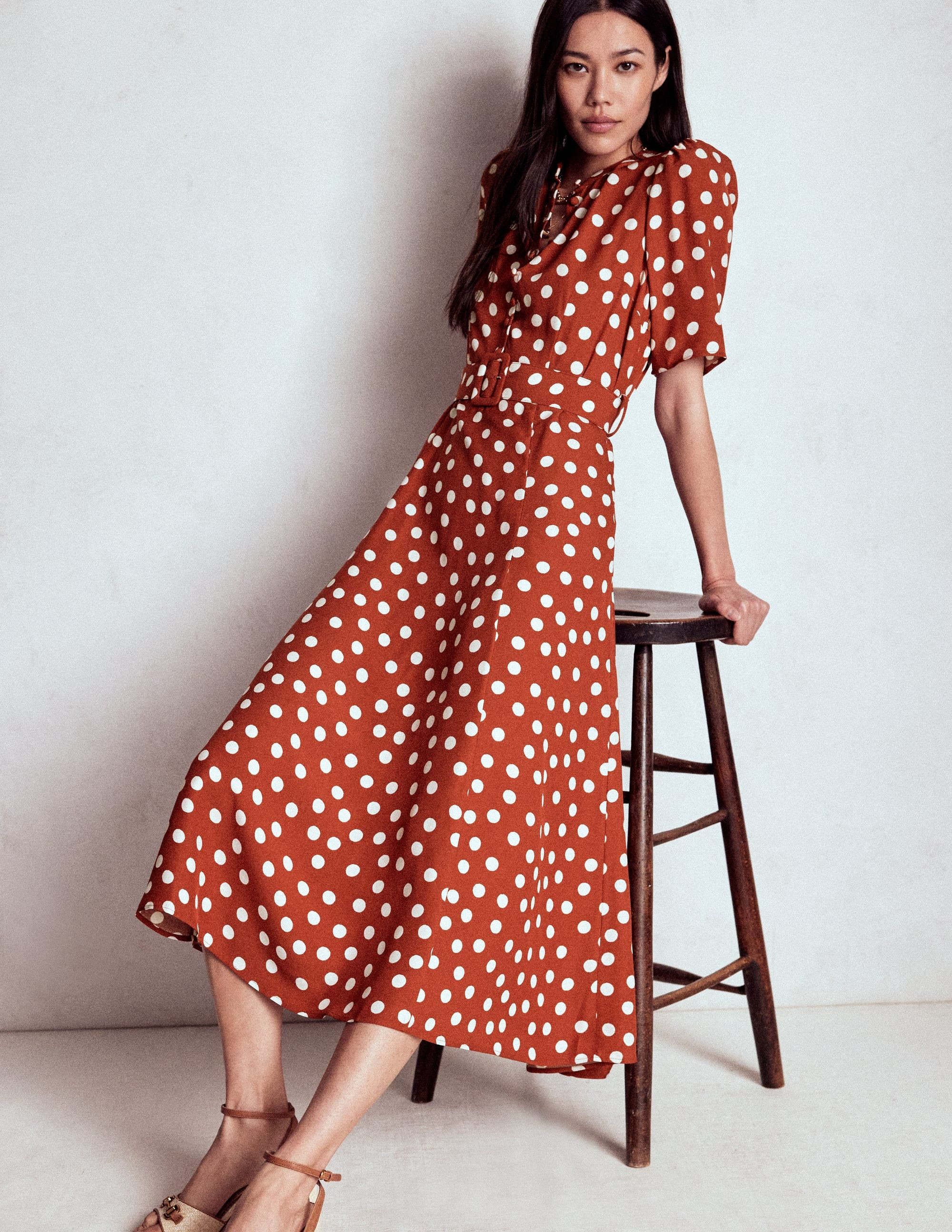 Kate Puff Sleeve Belted Dress-Roasted Chestnut, Painted Dot | Boden (US)