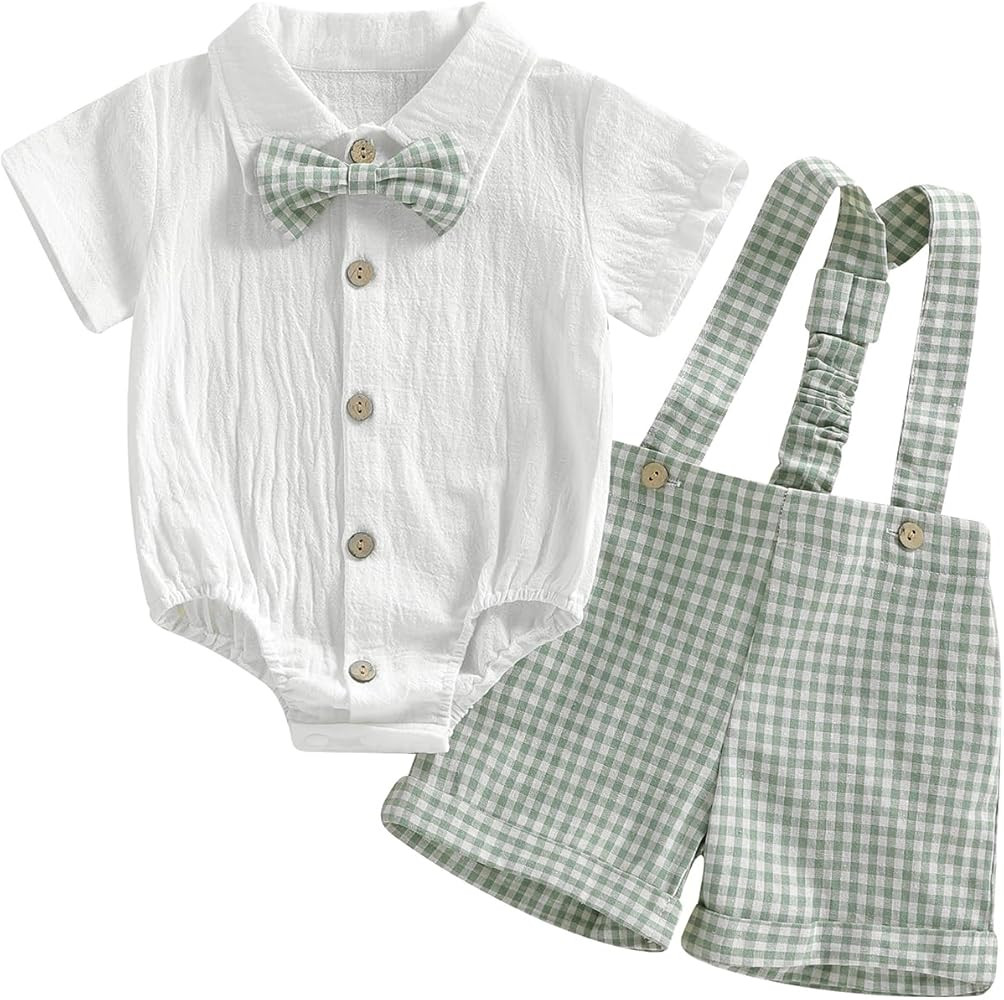 Baby Boy Clothes Set Infant Bow Tie Button Down Shirt Bodysuit Top Striped/Plaid Shorts 2Pcs Summ... | Amazon (US)