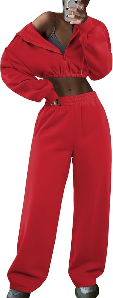 LovelyWholesale Sweatsuits Women 2 Piece Outfit Cropped Zip Up Hoodie and Sweatpants Sets | Amazon (US)