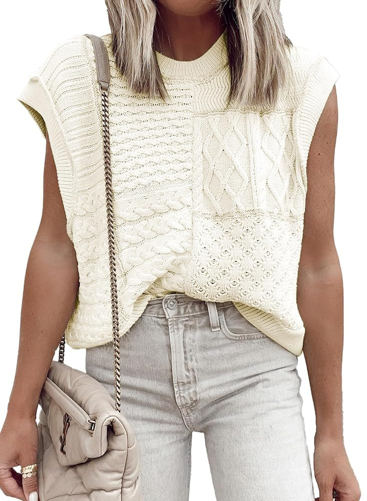 EVALESS Womens Short Sleeve Sweater Summer Fall 2025 Round Neck Crochet Pullover Cap Sleeve Knit ... | Amazon (US)