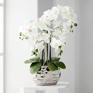 Potted Faux Artificial Flowers Arrangements Realistic White Phalaenopsis Orchid in Silver Pot Hom... | Amazon (US)