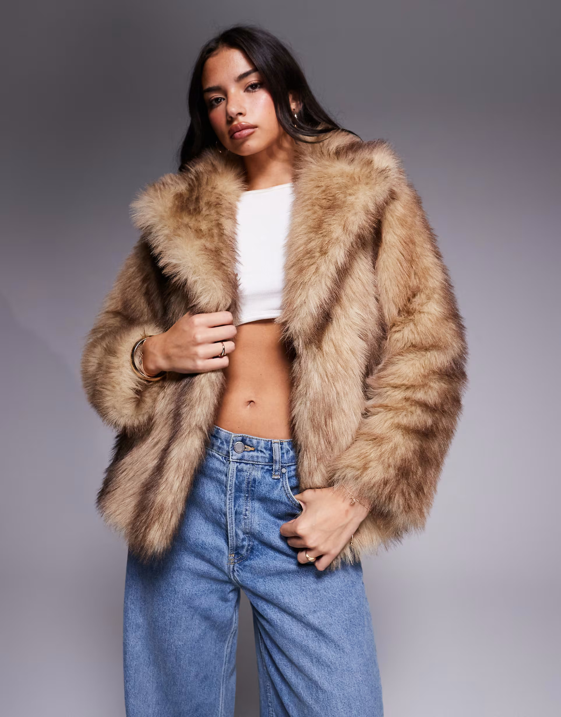 Threadbare faux fur jacket with oversized collar in light brown | ASOS (Global)