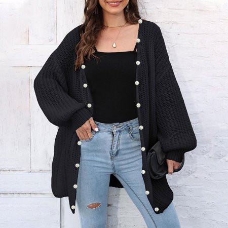 Women s Oversized Knit Cardigan with Pearl Buttons Long Sleeve Open Front Sweater Casual Loose Fit | Walmart (US)