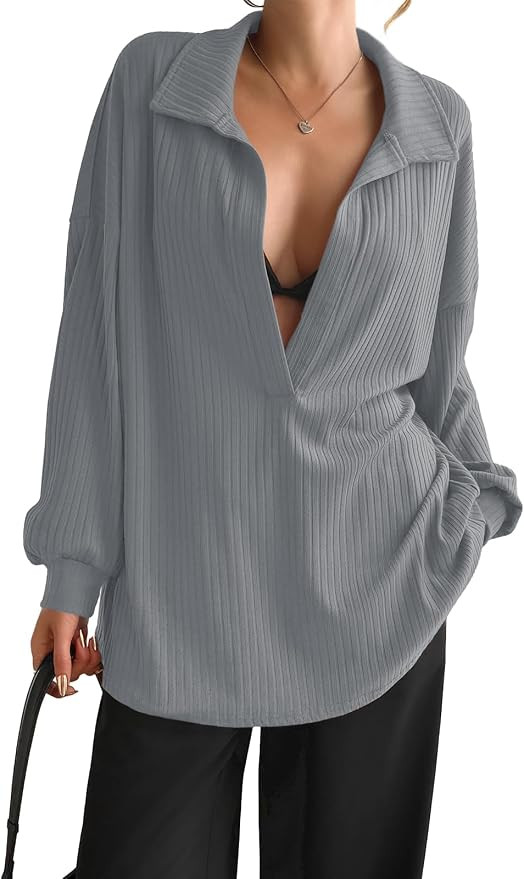 Fisoew Womens Oversized Deep V Neck Sweatshirts Casual Collared Long Sleeve Ribbed Knit Pullover ... | Amazon (US)