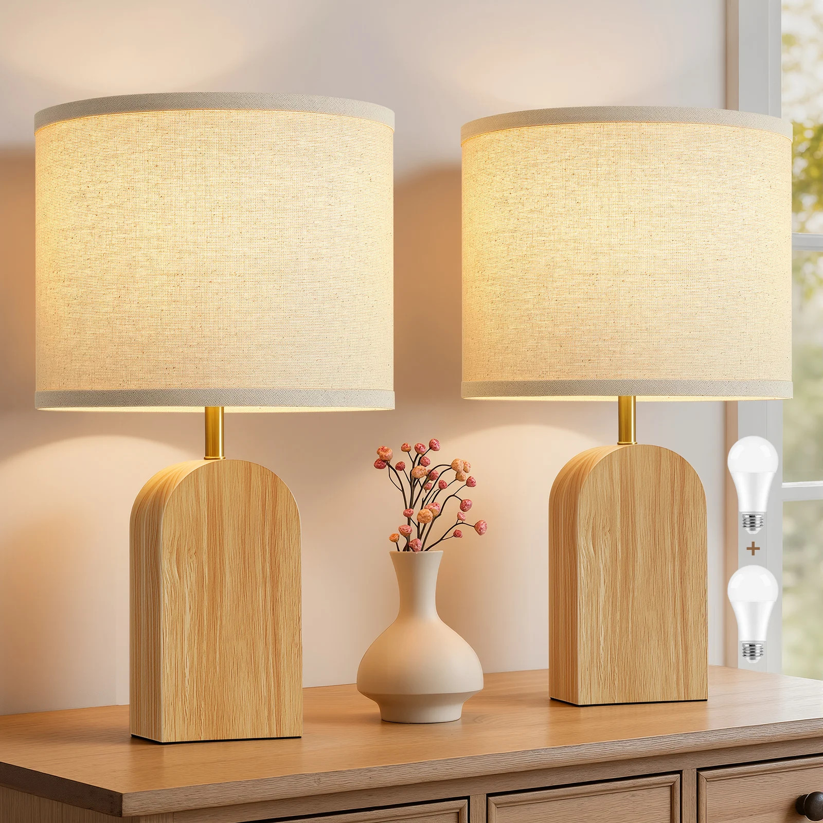 19" Farmhouse Table Lamp Set of 2, Rustic Linen Shade Bedside Lamps with Adjustable Color Temperature, Bulbs Included for Bedroom & Office | Wayfair North America
