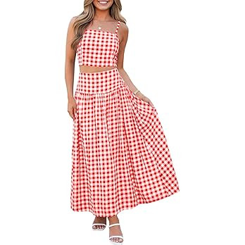 Wenrine Womens 2 Piece Skirt Sets Summer Gingham Crop Tank Tops Midi Dress Set Travel Vacation Ou... | Amazon (US)