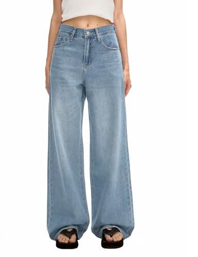 Women's Adjustable Wasit Baggy Jeans with Snap-Button Waistband Wide Straight Leg High Rise Jeans... | Amazon (US)