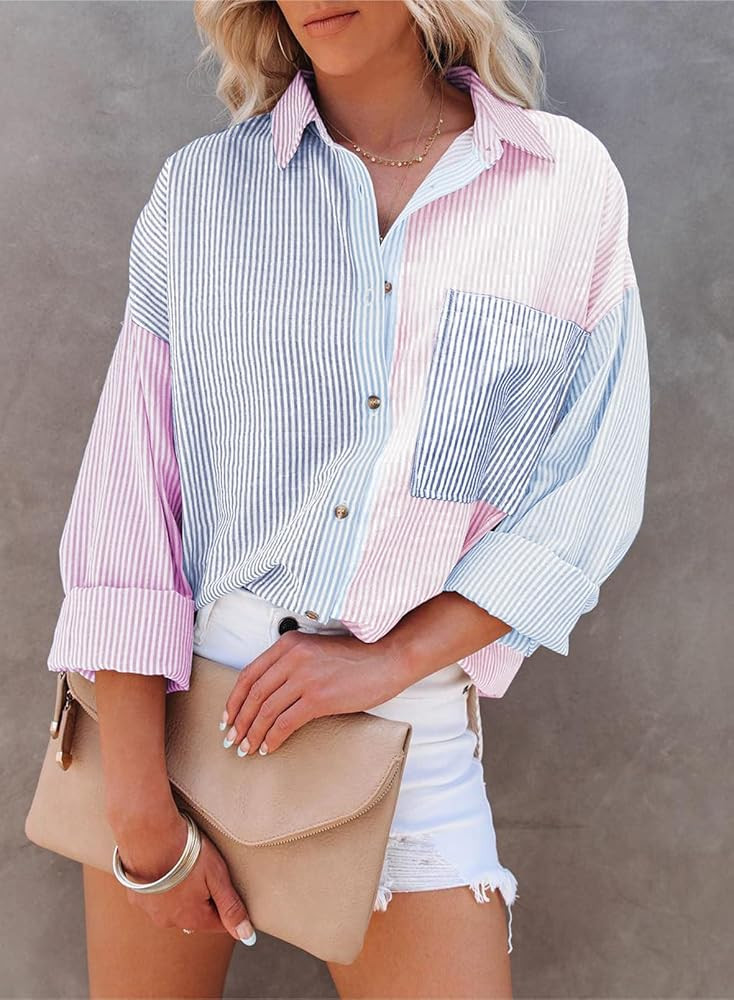 ONIRIKE Womens Long Sleeve Color Block Button Down Boyfriend Oversized Shirt Blouse Tops | Amazon (US)